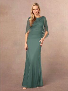Azazie Belladonna Stretch Eucalyptus Mermaid Scoop Pleated Draped Mesh Dress